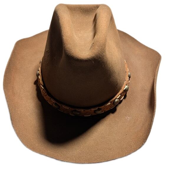 Vtg 1970s Keyston DeLuxe Brown Wool Studded Tooled Leather Band Western Hat OS - Picture 2 of 9